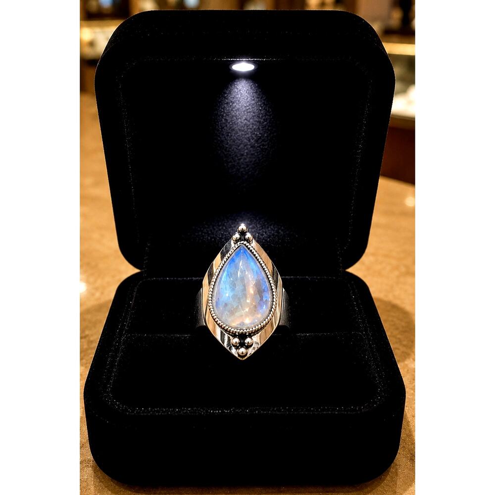 Boho Style Silver Plated Egg Shape Moonstone Ring  Size 10